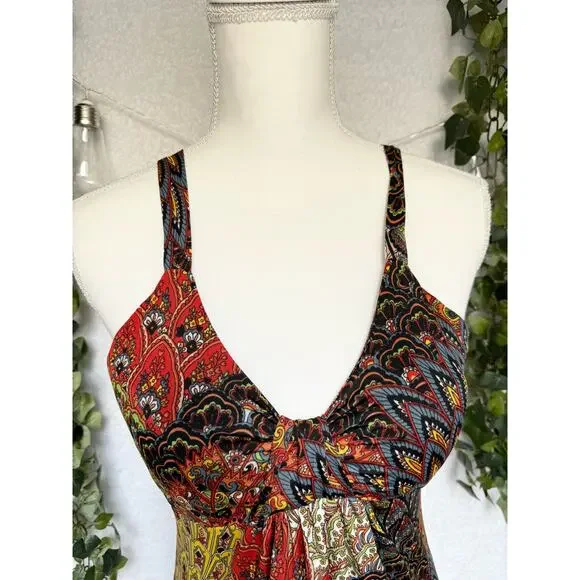 Raindrops by Papillon Black Orange Peacock Maxi Dress Women's Small - Picture 6 of 12